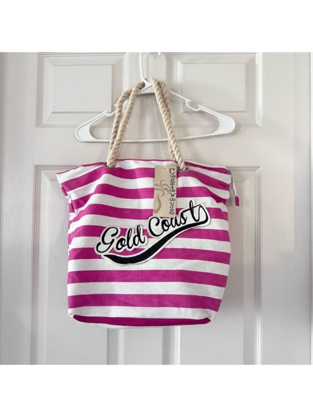 Striped Canvas Beach Tote Bag – Pink/White “Gold Coast” – Rope Handles